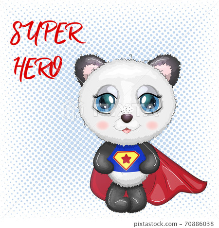 Cute little panda with big eyes in a cloak by a super hero, greeting card illustration, cute animal Cute little panda with big eyes in a cloak by a super hero, greeting card illustration, cute animal 70886038