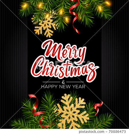 Black background with realistic pine branches, luminous garlands, serpentine, glitter gold snowflake, lettering Merry Christmas. Christmas and New Year greeting card, poster, postcard, banner 70886473