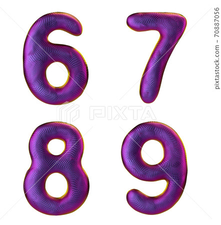Number set 6, 7, 8, 9 made of realistic 3d render purple color. Collection of natural snake skin texture style symbol 70887056