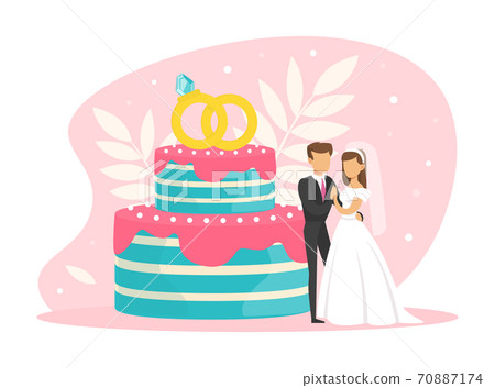 Tiny Couple of Newlyweds Standing beside Wedding Cake, Bride and Groom Characters at their Wedding Party Flat Vector Illustration Tiny Couple of Newlyweds Standing beside Wedding Cake, Bride and Groom Characters at their Wedding Party Flat Vector Illustration 70887174