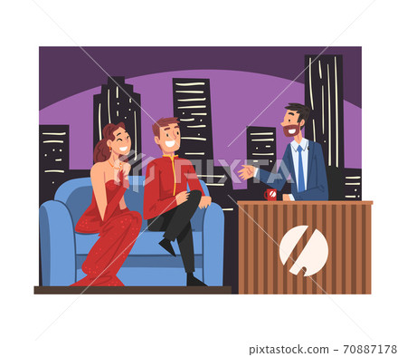 Talk Show with Celebrity Participants Sitting on Couch and Male Presenter Interviewing them Cartoon Style Vector Illustration 70887178