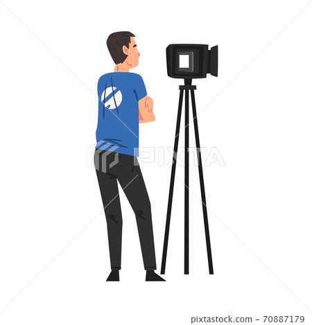 Male Video Operator Looking Through Professional Camcorder on Tripod, Television Industry Concept Cartoon Style Vector Illustration 70887179