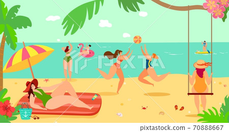 Summer sea beach vacation travel, vector illustration. Ocean tropical holiday resort for girl woman people character relaxation rest. Summer sea beach vacation travel, vector illustration. Ocean tropical holiday resort for girl woman people character relaxation rest. 70888667