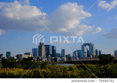 Skyscrapers around Osaka Station seen from the Yodogawa riverbed Cityscape Skyscrapers around Osaka Station seen from the Yodogawa riverbed Cityscape 70888782