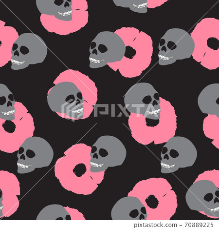 Seamless pattern gray human skull and pink floweron black, vector eps 10 Seamless pattern gray human skull and pink floweron black, vector eps 10 70889225