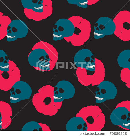 Seamless pattern blue human skull and pink floweron black, vector eps 10 Seamless pattern blue human skull and pink floweron black, vector eps 10 70889228