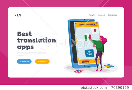 Virtual Electronics Studying Landing Page Template. Tiny Female Character Choose French Language, Online Technology Virtual Electronics Studying Landing Page Template. Tiny Female Character Choose French Language, Online Technology 70890139