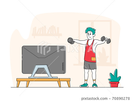 Healthy Lifestyle. Sportsman Training at Home front of Television. Man in Sportswear Workout with Weight, Exercises 70890278