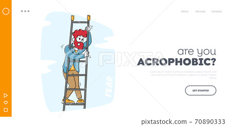 Acrophobia Landing Page Template. Frightened Man Stand on Ladder Feeling Fear of Height. Stress, Emotional Imbalance 70890333