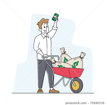 Rich Man with Wheelbarrow full of Dollar Sacks. Male Character Richness and Prosperity Concept. Successful Businessman 70890536