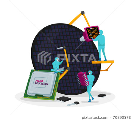 Semiconductors Product Manufacturing, Scientific Research. Scientists Characters in Sterile Suits Working in Laboratory 70890578