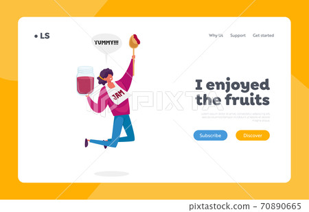 Homemade Preserve Production, Yummy Snack Landing Page Template. Tiny Female Character Happily Jumping with Huge Jam Jar 70890665