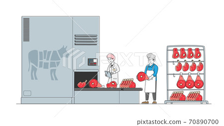 Meat Manufacture Concept. Workers Work on Meat Factory Processing Line Control Production Quality, Beef on Conveyor Belt Meat Manufacture Concept. Workers Work on Meat Factory Processing Line Control Production Quality, Beef on Conveyor Belt 70890700
