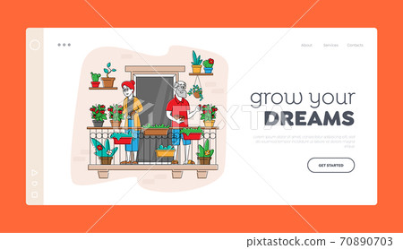 Senior Characters Enjoying Gardening Hobby Landing Page Template. Aged Gardeners Harvesting Tomatoes on Balcony Garden 70890703