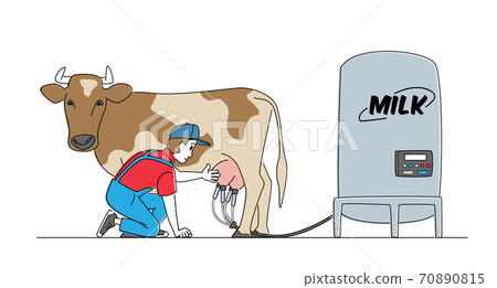 Milkmaid Character in Uniform Presenting Automatic Machine for Cow Milking. Milk and Dairy Farmer Agriculture Production 70890815