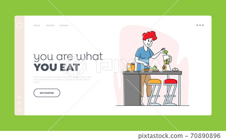 Healthy Lifestyle, Eco Food Eating Landing Page Template. Vegan Woman Cook Smoothie Put Apple and Broccoli in Juicer 70890896