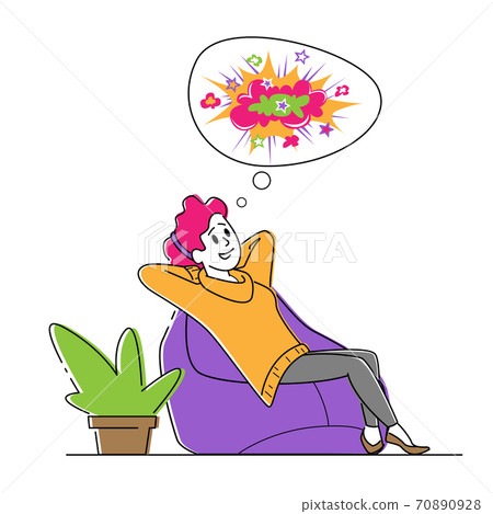 Happy Female Character Sitting on Comfortable Beanbag Armchair in Relaxed Posture Dreaming and Imagine Colorful Pictures 70890928