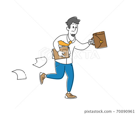 Businessman Male Character Hurry at Work Running with Briefcase and Scattered Paper Documents around. City Lifestyle 70890961