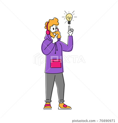 Creative Idea Concept. Businessman Wearing Hipster Clothes and Headphones Holding Index Finger Up to Glowing Light Bulb 70890971