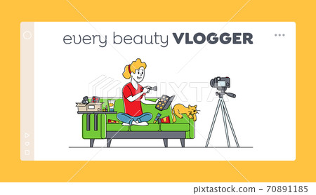 Cosmetics Product Review Landing Page Template. Girl Beauty Vlogger Character Open Parcel Shooting Vlog Recording Video Cosmetics Product Review Landing Page Template. Girl Beauty Vlogger Character Open Parcel Shooting Vlog Recording Video 70891185