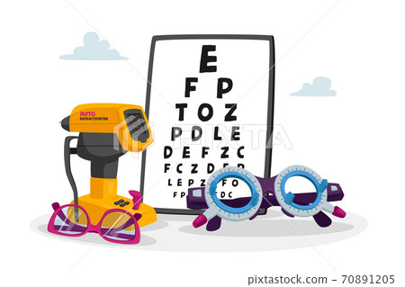 Ophthalmological Equipment Chart for Eyesight Check Up, Auto Refractometer and Eyeglasses. Oculist Optician Devices 70891205