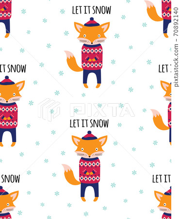 winter pattern with cute fox, vector illustration 70892140