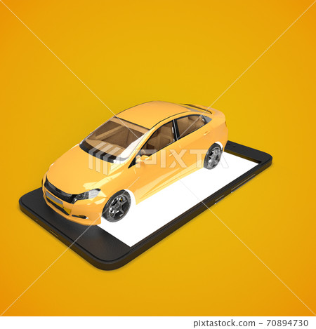 3d render. Yellow modern car standing on screen of mobile phone. Taxi service  70894730