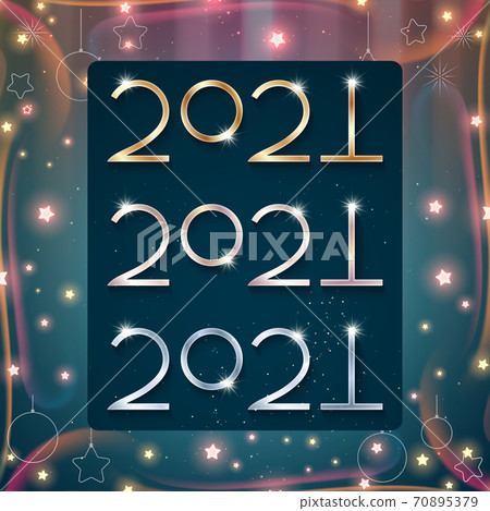 2021 New Year golden and silver numbers for holiday greeting card with glowing stars over blue background in vector. 2021 New Year golden and silver numbers for holiday greeting card with glowing stars over blue background in vector. 70895379