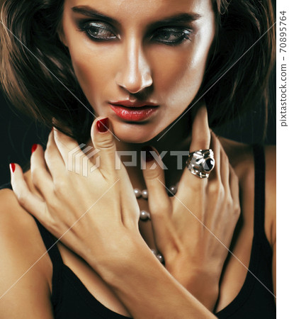 beauty rich woman with bright makeup wearing luxury jewellery on black background, fashion lady curly hairstyle beauty rich woman with bright makeup wearing luxury jewellery on black background, fashion lady curly hairstyle 70895764