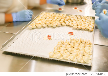 Dumplings manufacturing process. Hands of employers in blue rubber gloves and damplings on tray covered with wax paper Dumplings manufacturing process. Hands of employers in blue rubber gloves and damplings on tray covered with wax paper 70896042