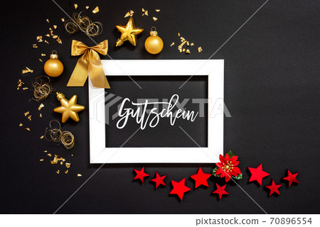 Frame, Red And Golden Christmas Decoration, Gutschein Means Voucher Frame, Red And Golden Christmas Decoration, Gutschein Means Voucher 70896554
