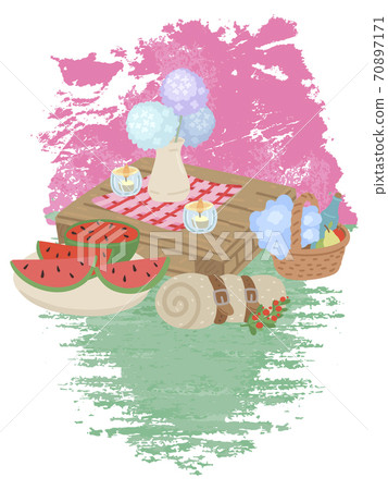 Picnic food. Wooden table with flowers and glasses with drink. Vector cartoon illustration Picnic food. Wooden table with flowers and glasses with drink. Vector cartoon illustration 70897171