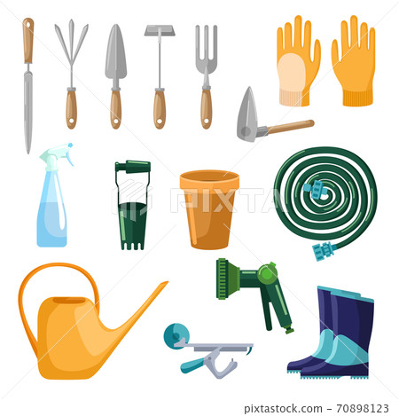 Set of professional tools care garden isolated on white background in flat style. Collection scoop, gloves, pot, hose, spray, watering can, boots. Kit farm symbols 70898123