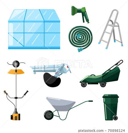 Set professional garden tools on white background in flat style. Kit greenhouse, lawn mower, trimmer, blower, watering hose, wheelbarrow, trash can, ladder. 70898124