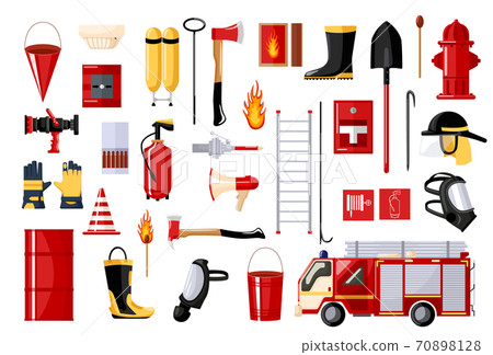 Set of fireman on white background. fire fighting vehicle and hydrant, helmet, hose, extinguisher, ladder, gas mask. Flat style . Set of fireman on white background. fire fighting vehicle and hydrant, helmet, hose, extinguisher, ladder, gas mask. Flat style . 70898128