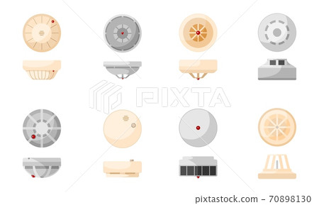 Set fire prevention smoke detector sensor on white background. Gas sensor in flat style. Home safety alarm. Set fire prevention smoke detector sensor on white background. Gas sensor in flat style. Home safety alarm. 70898130