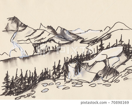 panorama  of high mountains and lake 70898169