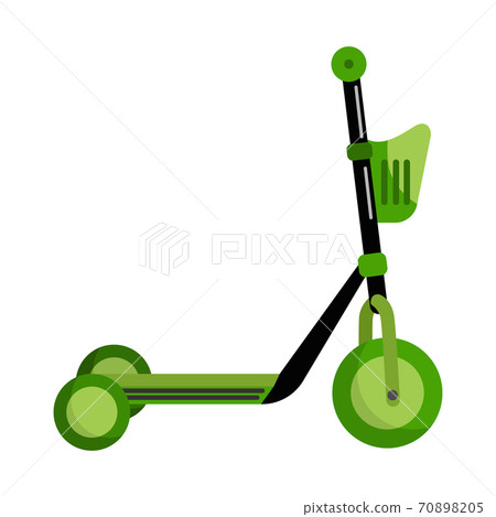 Green kick scooter with a basket isolated on white background. Push scooter transportation in flat style. Eco transport for kids. Green kick scooter with a basket isolated on white background. Push scooter transportation in flat style. Eco transport for kids. 70898205