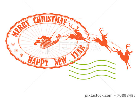 Element of Christmas composition. Oval print with silhouette of Santa Claus in sleigh on reindeer Element of Christmas composition. Oval print with silhouette of Santa Claus in sleigh on reindeer 70898485