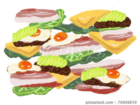 Sandwich, hamburger ingredients, background material, bacon and eggs lettuce, avocado cheese Sandwich, hamburger ingredients, background material, bacon and eggs lettuce, avocado cheese 70898659