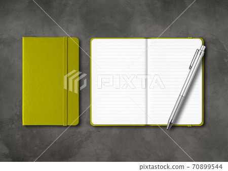 Olive green closed and open lined notebooks with a pen on dark concrete background Olive green closed and open lined notebooks with a pen on dark concrete background 70899544