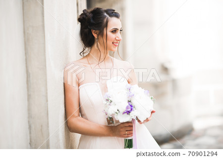 Beautiful fashion bride in wedding dress posing Beautiful fashion bride in wedding dress posing 70901294