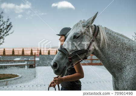 Cropped photo of young brunette felmale competitor with Arabian thoroughbred horse. Hors riding equipment 70901490