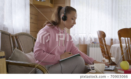 Girl is taking an educational course on a laptop at home during quarantine Girl is taking an educational course on a laptop at home during quarantine 70903066