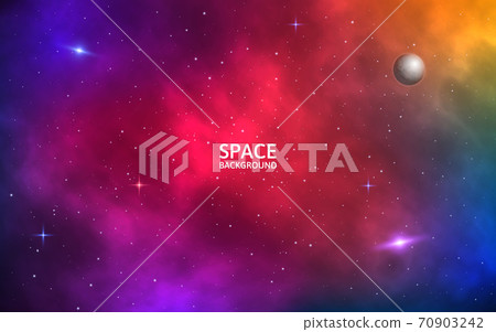 Space background. Realistic colorful galaxy. Color nebula with shining stars, stardust and planet. Abstract futuristic backdrop. Vector Illustration for brochure, banner, poster 70903242