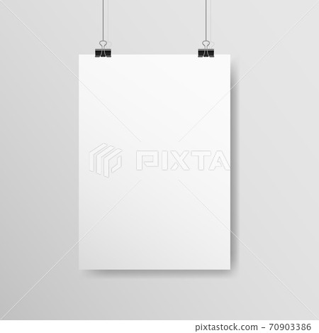 Poster A4 mockup. White vertical empty paper with clips. Realistic template hanging on a light wall. White sheet with soft shadow. Banner on a rope. Vector illustration Poster A4 mockup. White vertical empty paper with clips. Realistic template hanging on a light wall. White sheet with soft shadow. Banner on a rope. Vector illustration 70903386