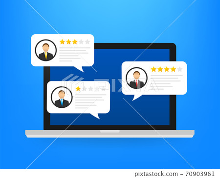 Review rating bubble speeches on laptop illustration, flat style smartphone reviews stars with good and bad rate and text. 70903961