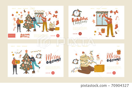 People Prepare to New Year or Xmas at Home Landing Page Template Set. Characters Decorate Christmas Tree and Window People Prepare to New Year or Xmas at Home Landing Page Template Set. Characters Decorate Christmas Tree and Window 70904327