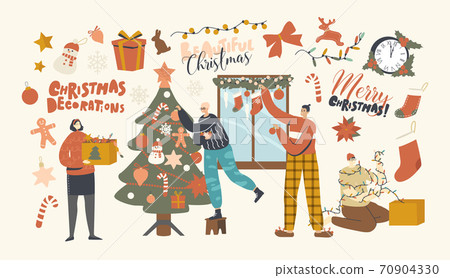 Happy Characters Decorate Christmas Tree. Family or Friends Company Hanging Baubles and Garland on Fir Tree and Window Happy Characters Decorate Christmas Tree. Family or Friends Company Hanging Baubles and Garland on Fir Tree and Window 70904330