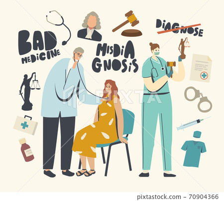 Doctor Character with Stethoscope Listen Patient Heart Beating. Nurse Holding Gavel and Statue of Themis. Medical Error Doctor Character with Stethoscope Listen Patient Heart Beating. Nurse Holding Gavel and Statue of Themis. Medical Error 70904366
